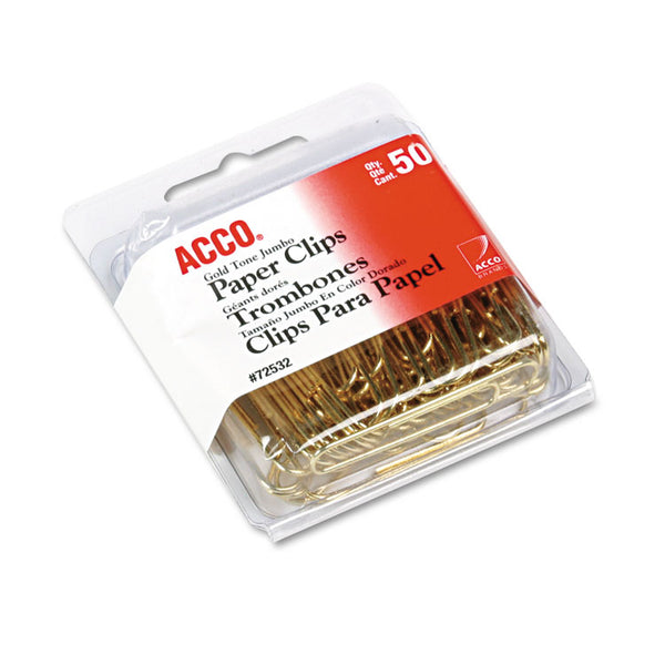 ACCO Gold Tone Paper Clips, Jumbo, Smooth, Gold, 50/Box (ACC72532)