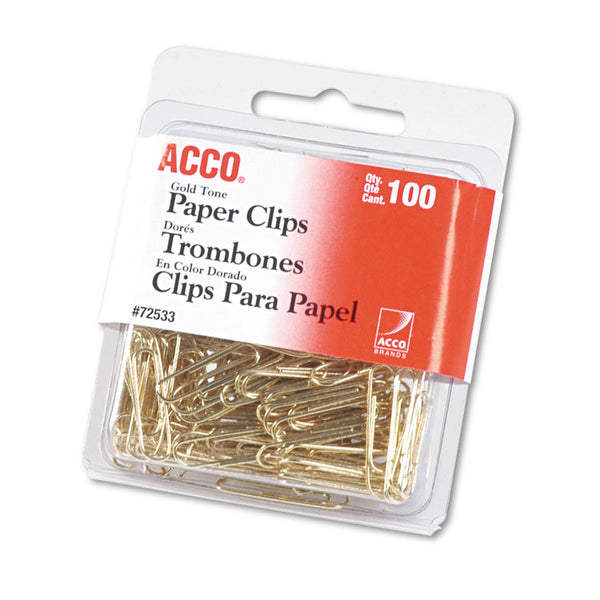 ACCO Gold Tone Paper Clips, #2, Smooth, Gold, 100/Box (ACC72533)